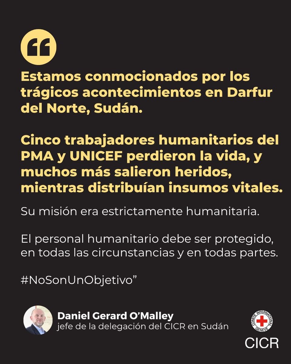 CICR (@cicr_es) on Twitter photo 📍 Sudán
Cinco trabajadores humanitarios de <a href="/WFP_es/">WFP Español</a> y <a href="/unicefenespanol/">UNICEF en español</a> perdieron la vida mientras llevaban adelante tareas humanitarias. Nuestro más sentido pésame a sus familiares, amigos y colegas.
Se debe proteger al personal humanitario, sin excusas. 📍 Sudán
Cinco trabajadores humanitarios de <a href="/WFP_es/">WFP Español</a> y <a href="/unicefenespanol/">UNICEF en español</a> perdieron la vida mientras llevaban adelante tareas humanitarias. Nuestro más sentido pésame a sus familiares, amigos y colegas.
Se debe proteger al personal humanitario, sin excusas.