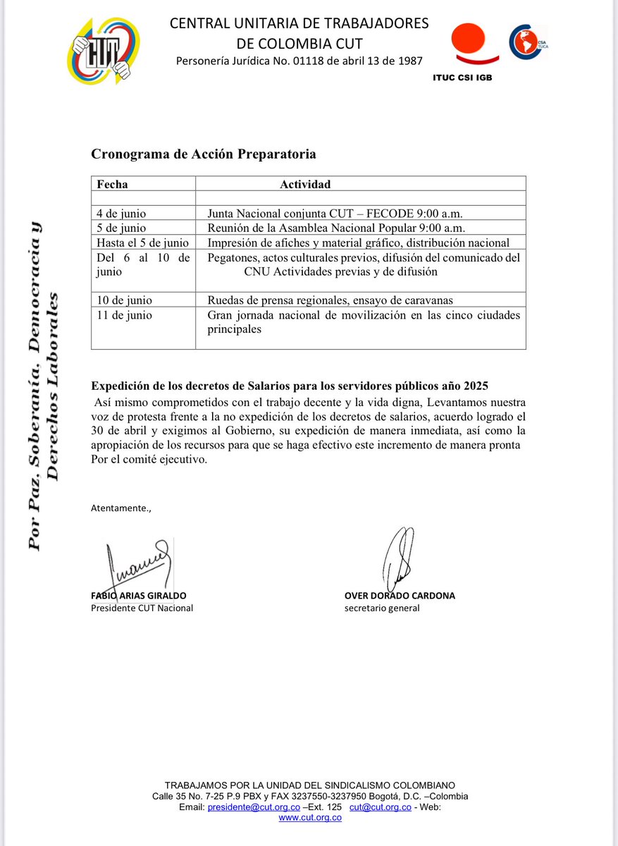 Over Dorado Cardona (@overdoradoc) on Twitter photo #YoApoyoLaCUT
#ComunicadoCUT
<a href="/cutcolombia/">Central Unitaria de Trabajadores</a>
1. Flayer #YoApoyoALaCUT
2. Plan De Acción Aprobado Por El Comité Ejecutivo De La Central Unitaria De Trabajadores <a href="/cutcolombia/">Central Unitaria de Trabajadores</a> Para La Gran Jornada De Movilización Del 11 De Junio De 2025 #YoApoyoLaCUT
#ComunicadoCUT
<a href="/cutcolombia/">Central Unitaria de Trabajadores</a>
1. Flayer #YoApoyoALaCUT
2. Plan De Acción Aprobado Por El Comité Ejecutivo De La Central Unitaria De Trabajadores <a href="/cutcolombia/">Central Unitaria de Trabajadores</a> Para La Gran Jornada De Movilización Del 11 De Junio De 2025