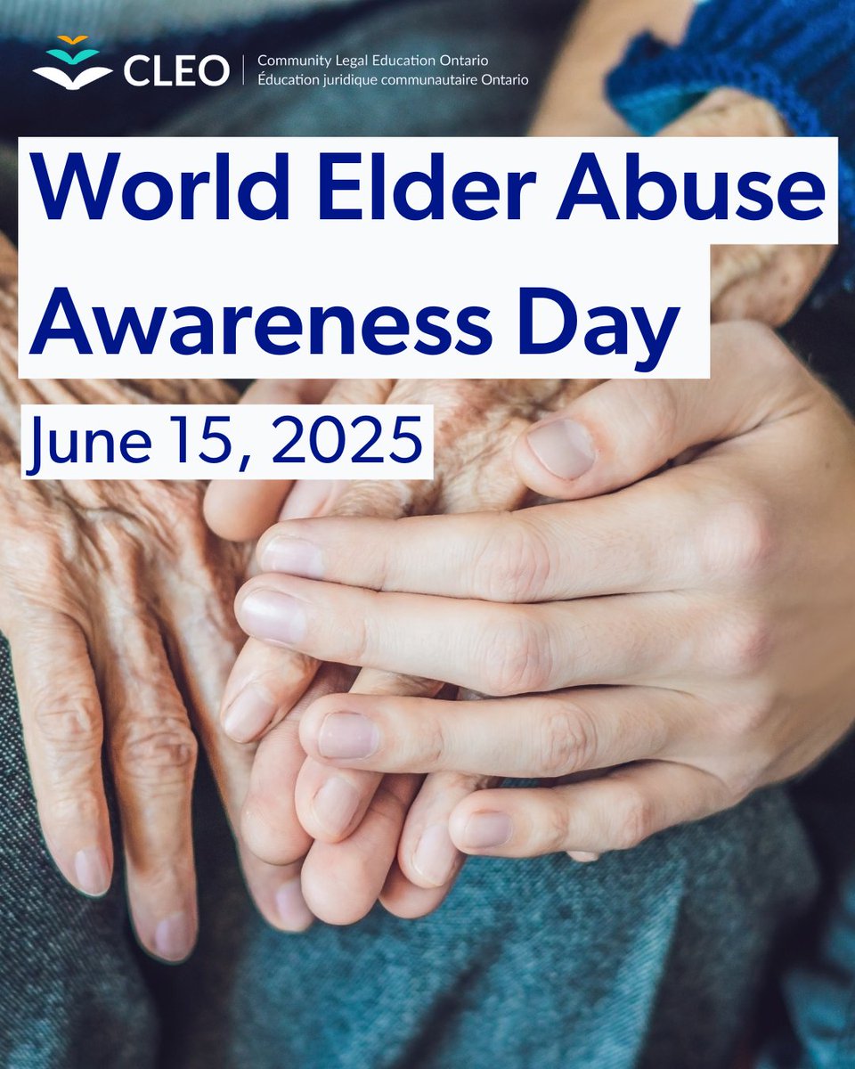 Today is World Elder Abuse Awareness Day, a reminder to learn the signs of elder abuse to prevent it:

Read and order CLEO publications: cleo.on.ca/publications/e…
Read online information: stepstojustice.ca elder-abuse
Make a safety plan and respond to elder abuse using our