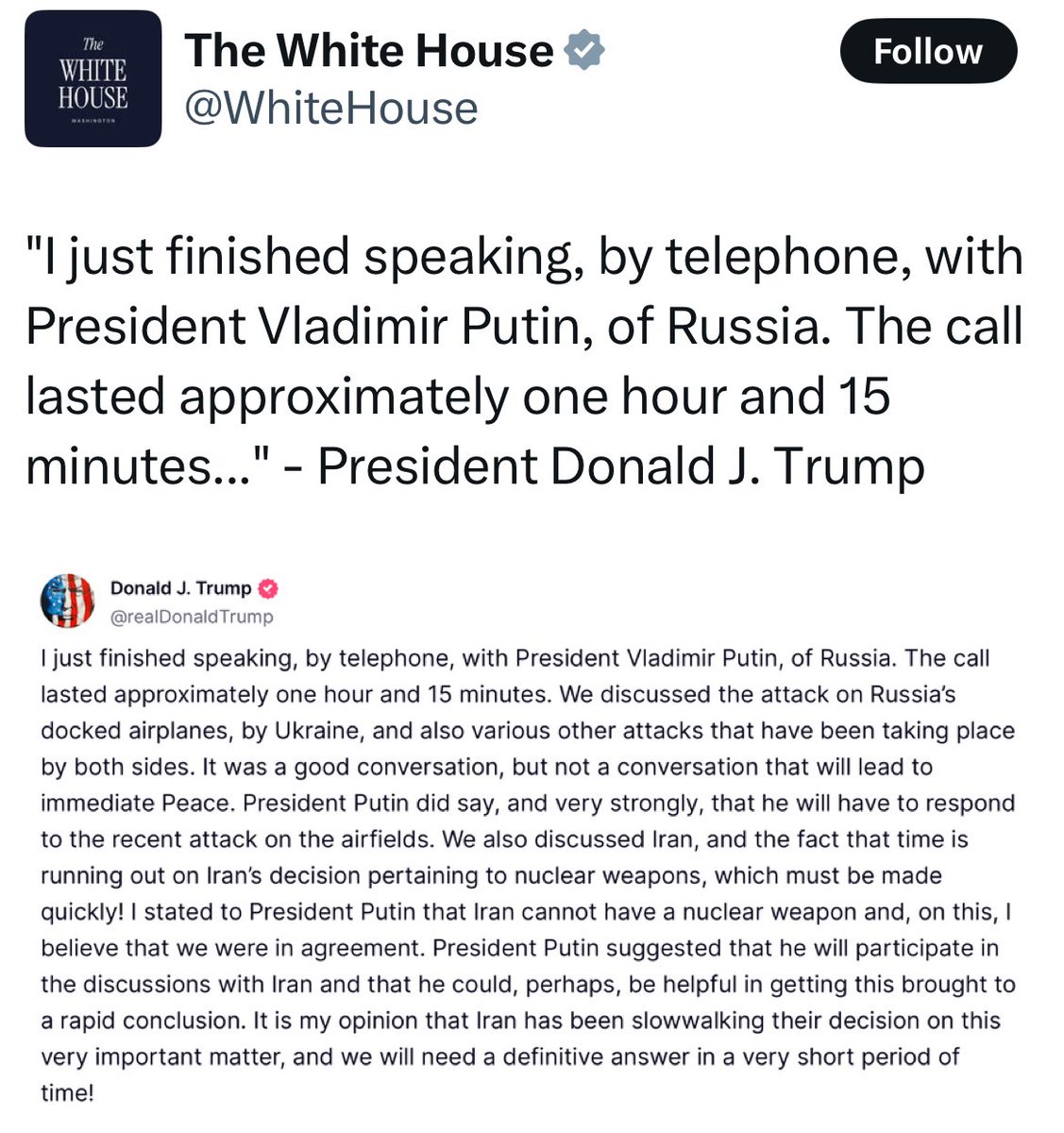 Putin call posted on WH X account