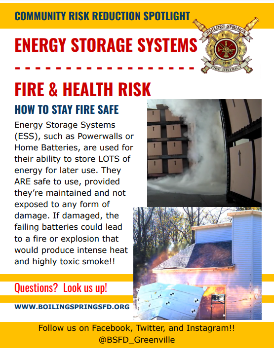 <a href="/BSFD_Greenville/">Boiling Springs Fire District</a> followers:
Battery Energy Storage Systems (BESS) are gaining popularity
Risks:
1- Thermal runaway
2- Toxic gas release
3- Electrical hazards
Always:
1- Use certified systems
2- Ventilate
3- Maintain regularly
4- Buy trusted portable units
#CommunityRiskReduction