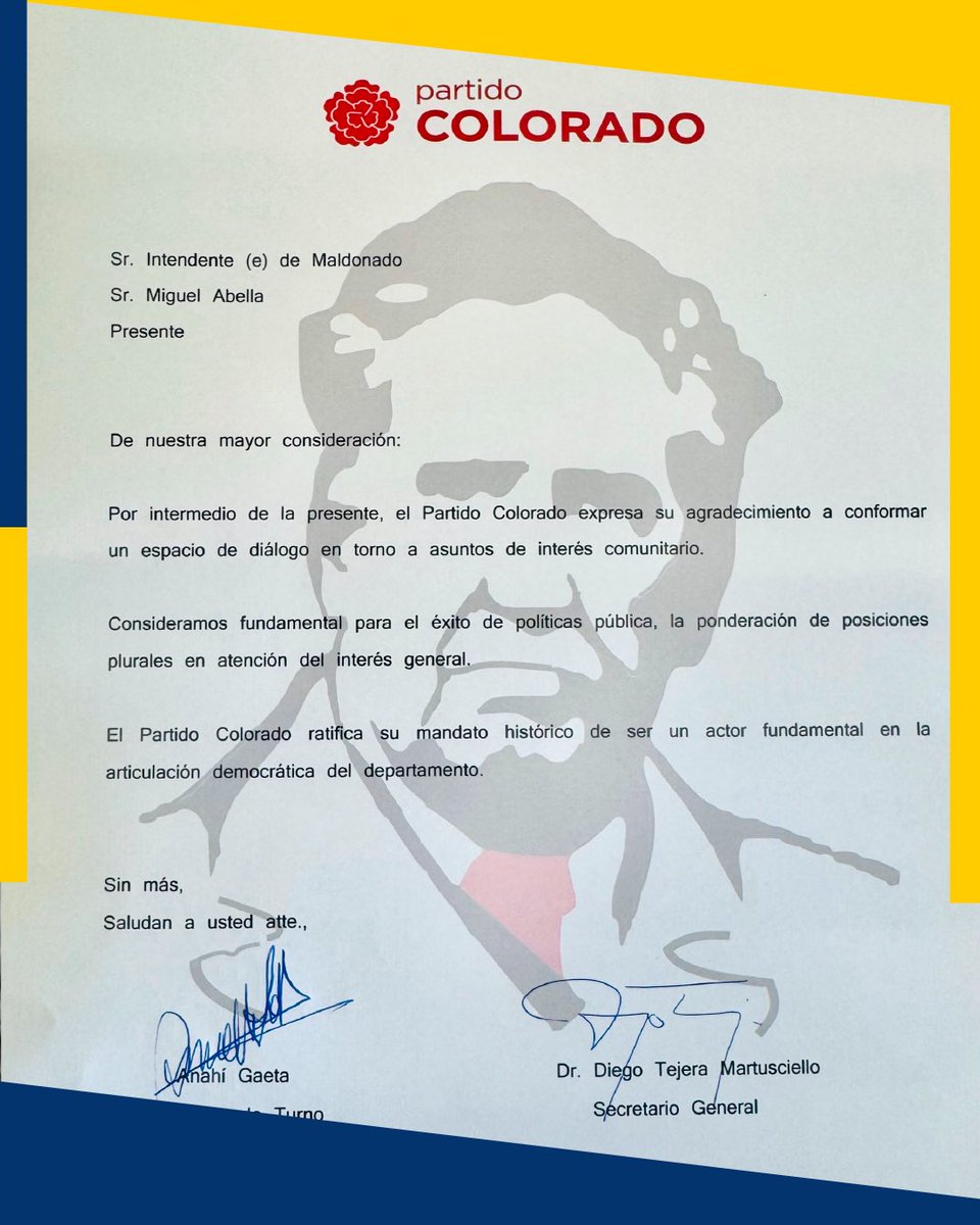 “Por intermedio de la presente, el Partido Colorado expresa su agradecimiento a conformar
un espacio de diálogo en torno a asuntos de intereses comunitario.
Consideramos fundamental para el éxito de políticas pública, la ponderación de posiciones
plurales en atención del interés