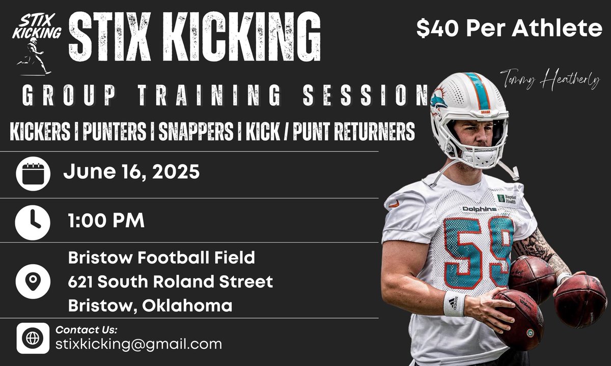 Stix Kicking is coming to Bristow, Oklahoma for another Group Session! $40 Per Athlete, open to 7th grade - College Seniors. K/P’s, Long Snappers, and Kick/Punt Returners.