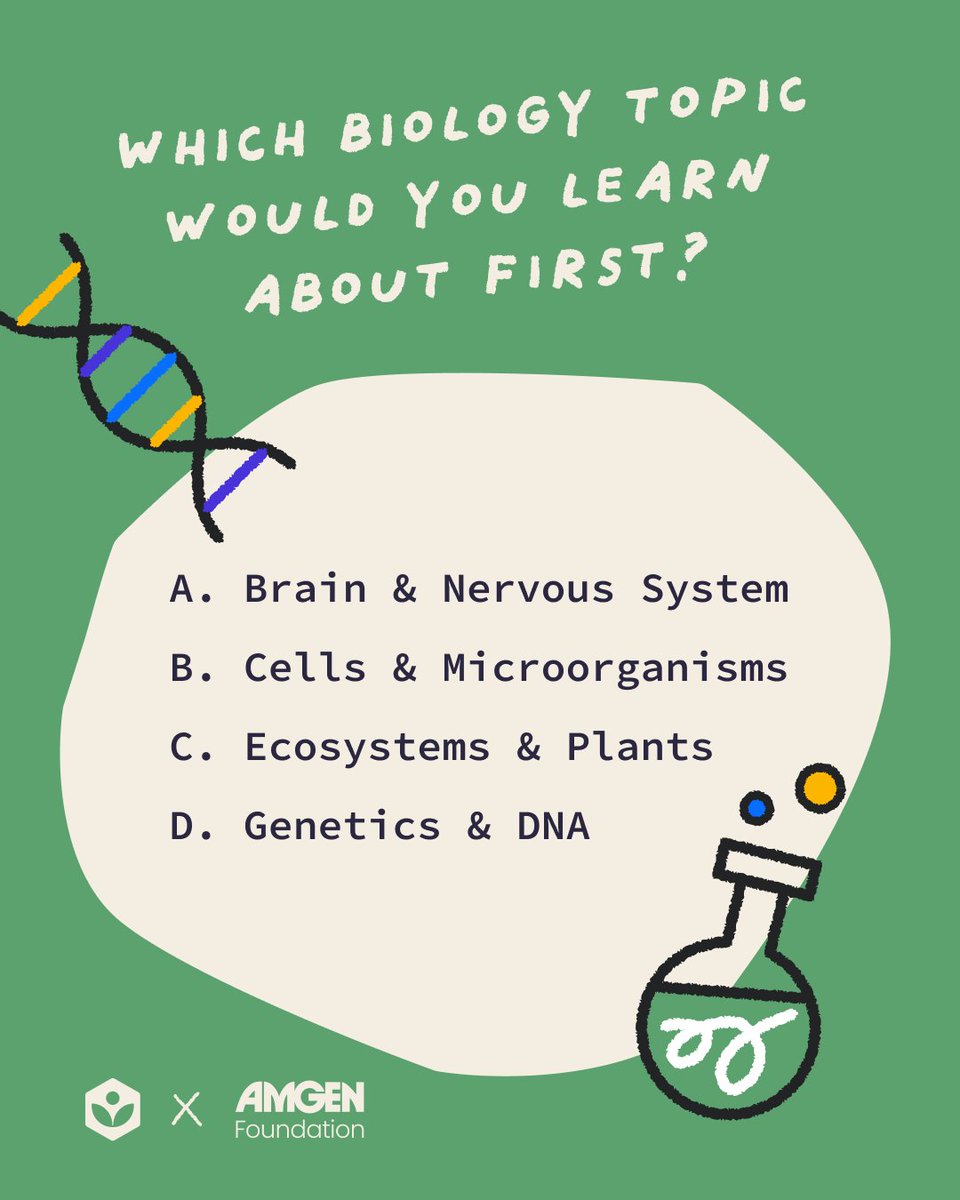 khanacademy's tweet image. Biology has something for every curious learner—what fascinates you most? 🧬🌱🧠
Whether you're into the tiniest cells or the biggest ecosystems, you can explore it all with Khan Academy—free, thanks to the Amgen Foundation.
Tap the link to start exploring:…