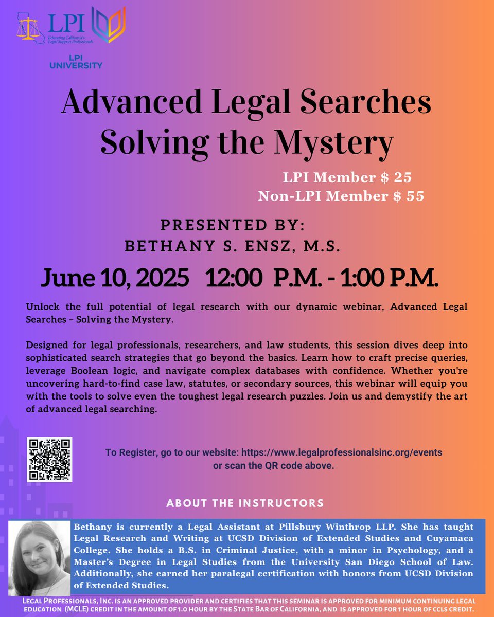 MeetLPI's tweet image. Solve the research mystery by learning advance techniques and working with what you know! If you want to hone your research skills, this class is for you - do not wait sign up today.  #advanceresearch #researchtechniques #legalresearch #continutingeducation #CCLS #MCLE
