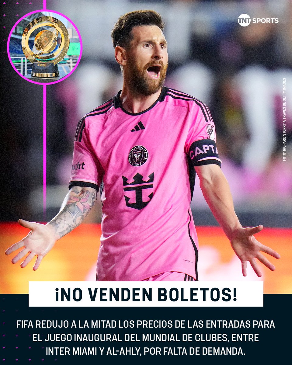 tntsportsmex's tweet photo. Así ha evolucionado el costo del ticket (en dólares) para ver el debut de Lionel Messi en el Mundial de Clubes 📉

Diciembre: $349
Enero: $230
Mayo: $110
Junio: $55 https://t.co/lOdAk4Of5J