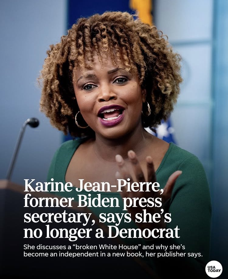 marettredd9's tweet photo. Karine Jean-Pierre, former White House press secretary for President Joe Biden, has left the Democratic Party to become an independent, she writes in a new book that will be released this fall. https://t.co/GIlQ4CVQAO