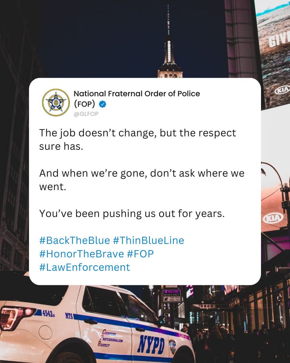 GLFOP's tweet photo. The job doesn’t change, but the respect sure has.
And when we’re gone, don’t ask where we went.
You’ve been pushing us out for years.
#FOP #BackTheBlue #PoliceReality #RespectTheBadge #LawAndOrder https://t.co/t17aTDNCRX