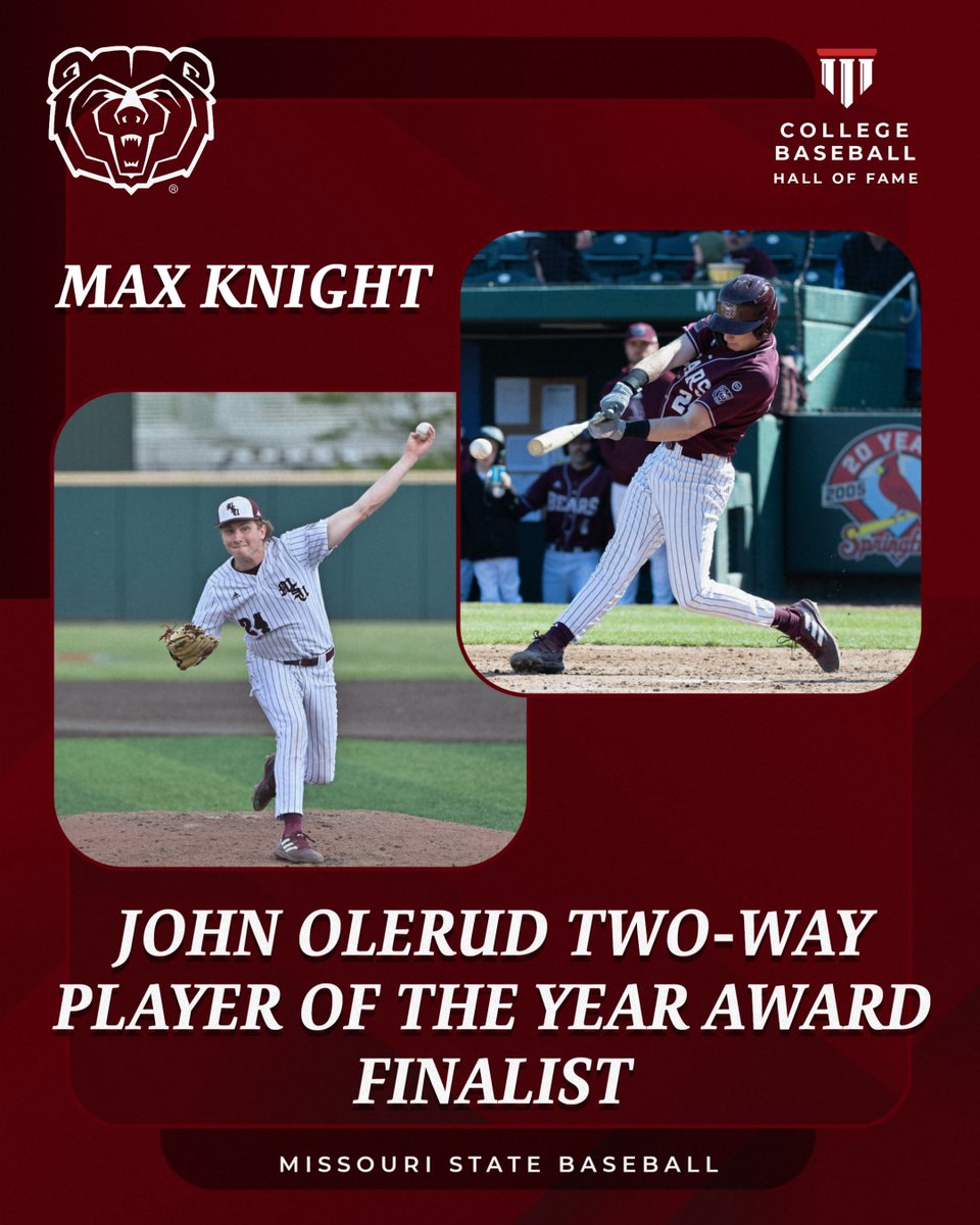 Missouri State Baseball (@mostatebsb) on Twitter photo The final 5β£
<a href="/maxwellknight14/">maxwell knight</a> is a finalist for the @collegediamonds John Olerud Two-Way Player of the Year Award π
π bit.ly/3FJZy6P The final 5β£
<a href="/maxwellknight14/">maxwell knight</a> is a finalist for the @collegediamonds John Olerud Two-Way Player of the Year Award π
π bit.ly/3FJZy6P