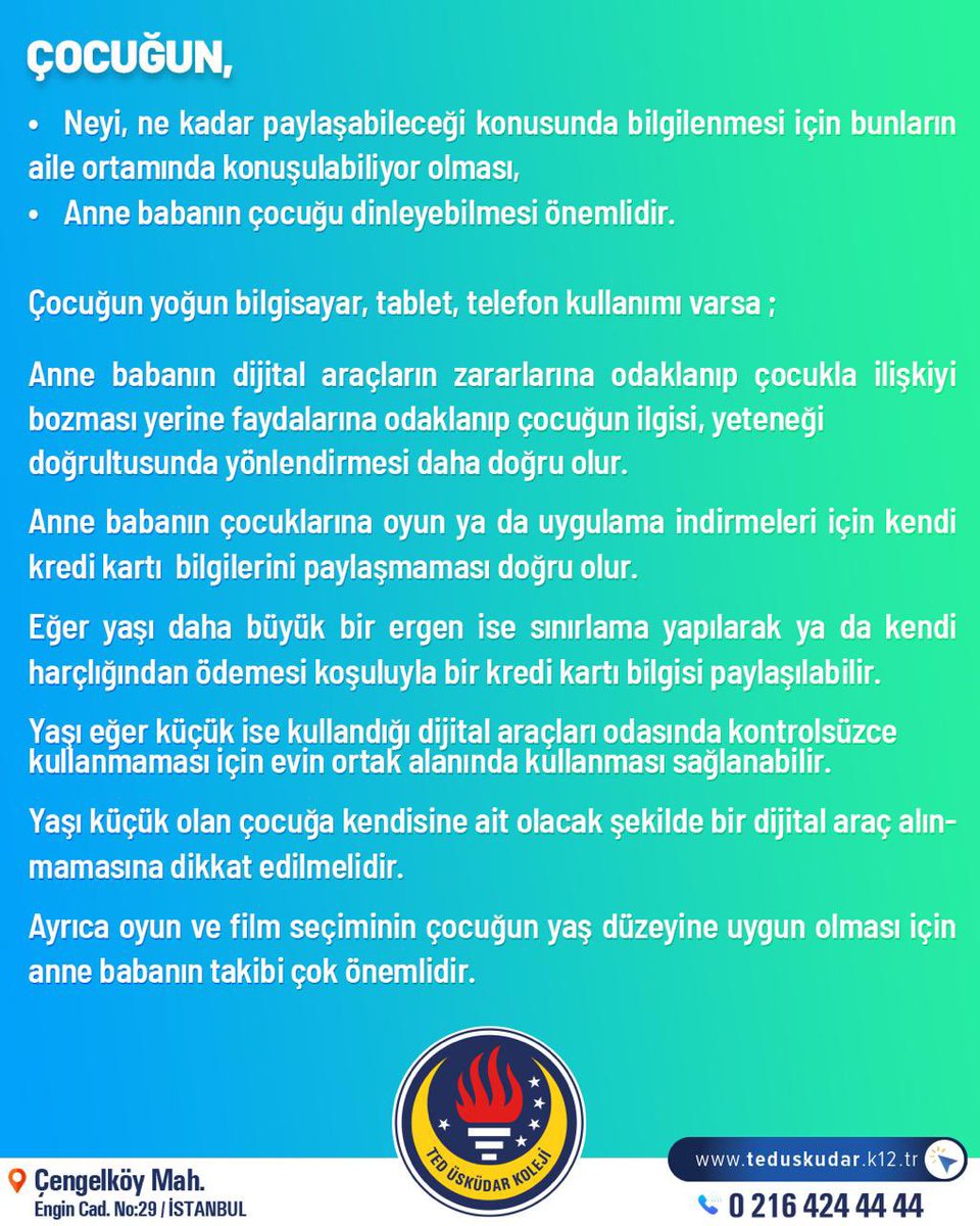 TED Üsküdar Koleji Rehberlik ve Psikolojik Danışmanlık Bölümü olarak, “Anne babalar dijital dünyadaki risklere karşı çocuklarını nasıl koruyabilirler” konusunda, anne babalara ve öğrencilerimize destek olabilecek bilgileri sizlerle paylaşmak istedik. #TED #TEDüsküdarkoleji
