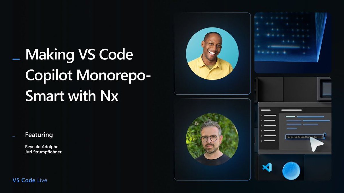 Visual Studio Code (@code) on Twitter photo 🔴 Join us Thursday at 8 am PT when <a href="/juristr/">Juri · juri.dev</a> joins <a href="/ReynaldAdolphe/">Reynald Adolphe</a> to demo how <a href="/NxDevTools/">Nx</a> works with VS Code Copilot to bridge the gap between Monorepos and LLMs, highlighting project connections, dependencies and ownership for truly contextual AI assistance👉 🔴 Join us Thursday at 8 am PT when <a href="/juristr/">Juri · juri.dev</a> joins <a href="/ReynaldAdolphe/">Reynald Adolphe</a> to demo how <a href="/NxDevTools/">Nx</a> works with VS Code Copilot to bridge the gap between Monorepos and LLMs, highlighting project connections, dependencies and ownership for truly contextual AI assistance👉