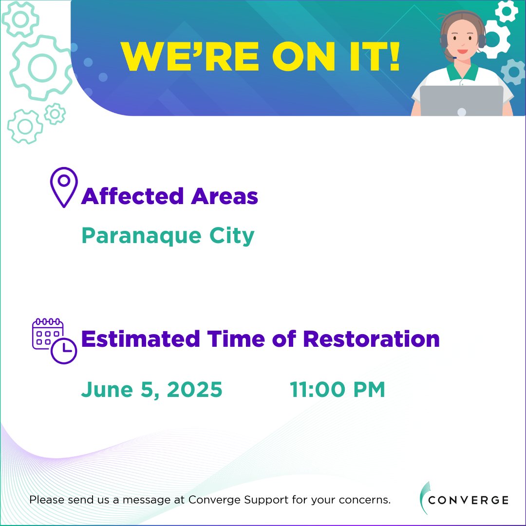 To our subscribers in Paranaque City:

You may be experiencing connectivity issues as of 10:39 PM of June 4, 2025.

We assure you that our technical team is working to restore your connection as soon as possible. A service ticket is not required. 

We apologize for any