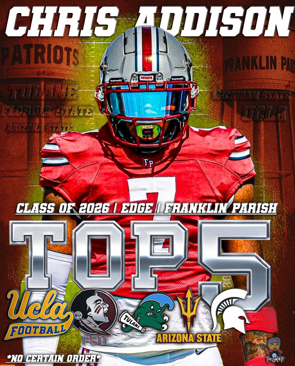 Chris (@chrisaddison26) on Twitter photo After much prayer and consideration… I’m blessed to announce my TOP 5‼️ Recruitment still open. #Top5
<a href="/aburnette318/">Adrian Burnette</a> <a href="/IAmTaeTrent/">Tae Trent™</a> <a href="/football_fphs/">FPHS Football</a> <a href="/RecruitLouisian/">Recruit Louisiana™️</a> <a href="/gabrieldbrooks/">Gabe Brooks</a> <a href="/BillyEmbody/">Billy Embody</a> <a href="/On3Recruits/">On3 Recruits</a> <a href="/Rivals/">Rivals</a> After much prayer and consideration… I’m blessed to announce my TOP 5‼️ Recruitment still open. #Top5
<a href="/aburnette318/">Adrian Burnette</a> <a href="/IAmTaeTrent/">Tae Trent™</a> <a href="/football_fphs/">FPHS Football</a> <a href="/RecruitLouisian/">Recruit Louisiana™️</a> <a href="/gabrieldbrooks/">Gabe Brooks</a> <a href="/BillyEmbody/">Billy Embody</a> <a href="/On3Recruits/">On3 Recruits</a> <a href="/Rivals/">Rivals</a>