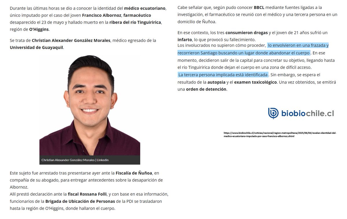 🔴FUE UN MÉDICO ECUATORIANO Y SU CÓMPLICE: Christian Gonzáles Morales con su cómplice envolvieron en una frazada el cuerpo de Francisco Albornoz, en el contexto de "le dio un infarto y no supimos que hacer" #JusticiaParaFrancisco 🏳️‍🌈

CREE QUE SOMOS HUEONES

¡¿Es MÉDICO y no sabe