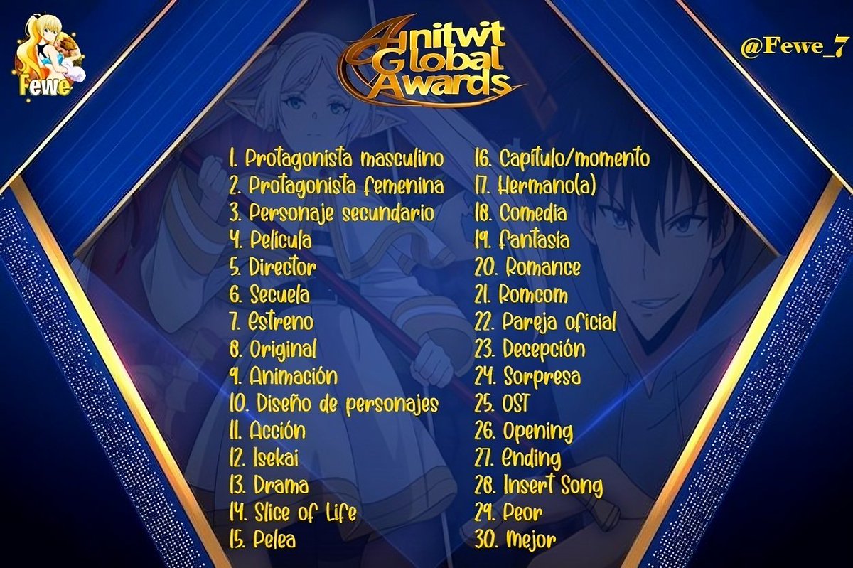 Fewe_7's tweet image. 🚨Damos inicio con los Anitwt Global Awards🚨, el orden será el que se ve en la imagen, y la dinámica será la siguiente:
Se subirá una publicación por categoría, ya sea que elijan activar las notis o revisar el perfil, las imágenes se subirán cada ciertos minutos, comenzamos!