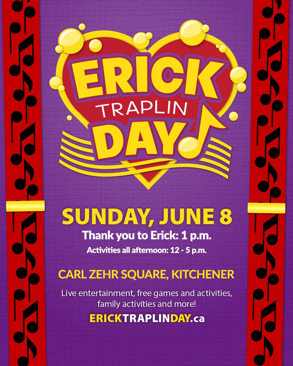 Did you grow up singing along with Erick Traplin? Or maybe your kids did? Now's your chance to celebrate a local legend! 🎤 🎶

📆 Sunday, June 8th
⌚ 12pm-5pm (with a special tribute starting at 1pm!)
📍 Carl Zehr Square (200 King St. W)

<a href="/CityKitchener/">City of Kitchener</a>