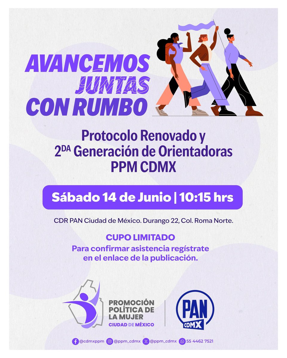 Promoción Política de la Mujer Ciudad de México (@ppm_cdmx) on Twitter photo Te invitamos a la Presentación de la 2da Generación de la Red de Mujeres Orientadoras y la actualización de nuestro Protocolo de Actuación en Casos de Violencia por Razón de Género.  
🟣#AvancemosJuntas
Regístrate y aparta tu lugar en el siguiente link: 
forms.gle/m6HYmhB77NcgAx… Te invitamos a la Presentación de la 2da Generación de la Red de Mujeres Orientadoras y la actualización de nuestro Protocolo de Actuación en Casos de Violencia por Razón de Género.  
🟣#AvancemosJuntas
Regístrate y aparta tu lugar en el siguiente link: 
forms.gle/m6HYmhB77NcgAx…
