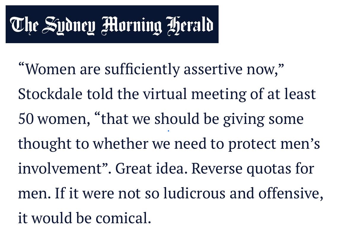 Should we laugh 😆 or cry 😭?

Liberal Party men lecturing Liberal Party women on why they are “sufficiently assertive now… we need to protect men’s involvement”. 

Only 1 in 5 Liberal MPs in the House of Representatives are women. 

The Liberal Party has a men problem.