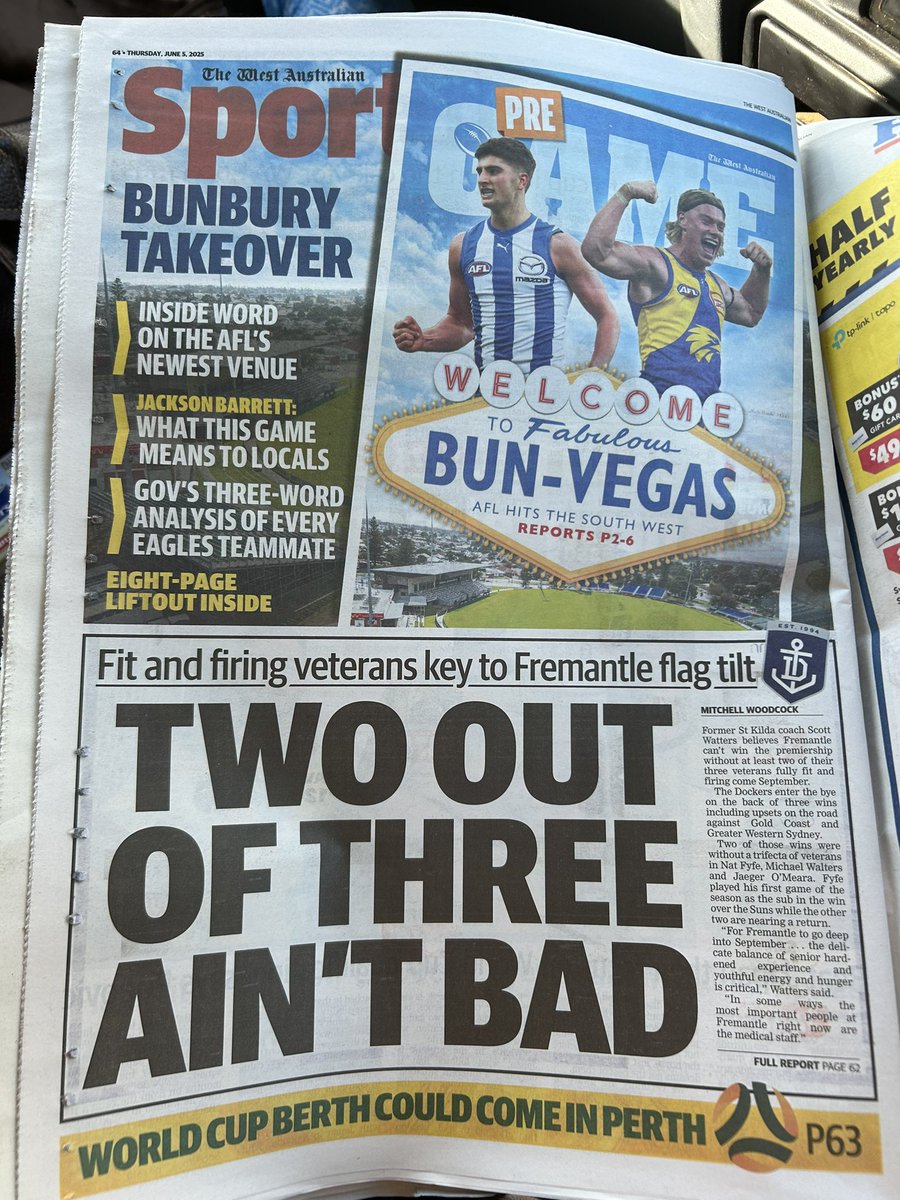 The <a href="/Socceroos/">CommBank Socceroos</a> are playing in Perth tonight against their fiercest rival #japan 🇯🇵 with 57,000 tickets sold so far. If 🇦🇺 win, then a place at <a href="/FIFAWorldCup/">FIFA World Cup</a> 2026 is almost 100% certain, but the back page is dedicated to Norths home game in Bunbury. Seriously.