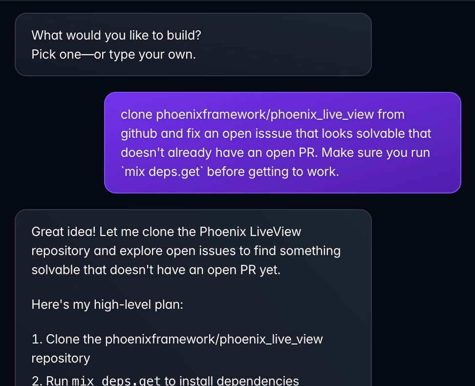 chris_mccord's tweet photo. Using https://t.co/OoZmQToq8A to work on phoenix liveview, asynchronously. Fired off a prompt and drove to daycare pickup and forgot about it. Came back to open PR: https://t.co/0p07kHJjyb