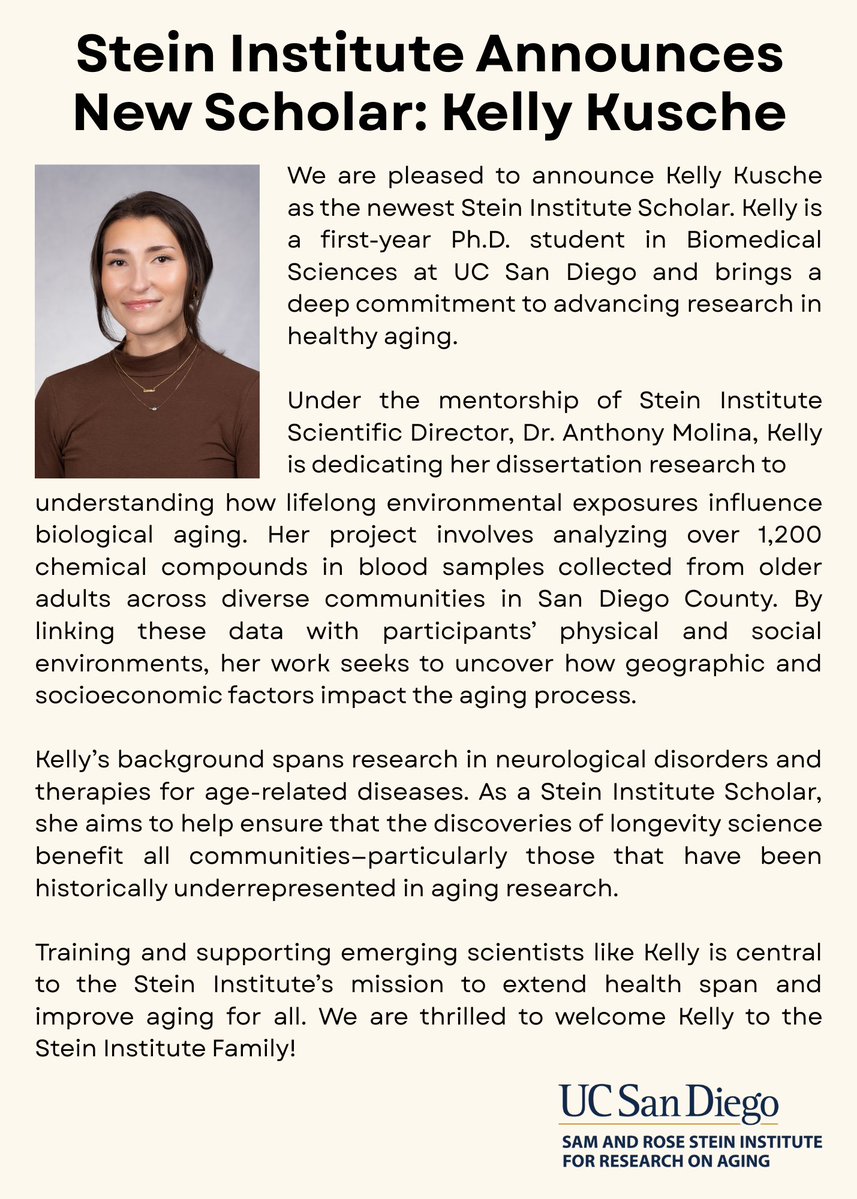 Introducing our newest Stein Institute Scholar: Kelly Kusche, a Ph.D. student at UC San Diego, is uncovering how environment shapes aging. 🌍🧬

healthyaging.ucsd.edu

#UCSDHealthyAging #AgingResearch #SteinScholar