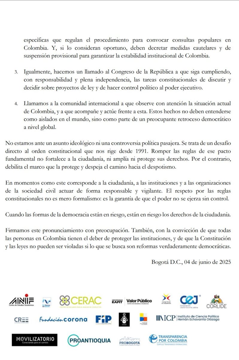 #POLITICA | Organizaciones y centros de pensamiento emitieron un comunicado conjunto en el que expresan su "profunda preocupación ante el anuncio del presidente de la República de convocar una consulta popular nacional mediante decreto, a pesar del concepto negativo, plenamente