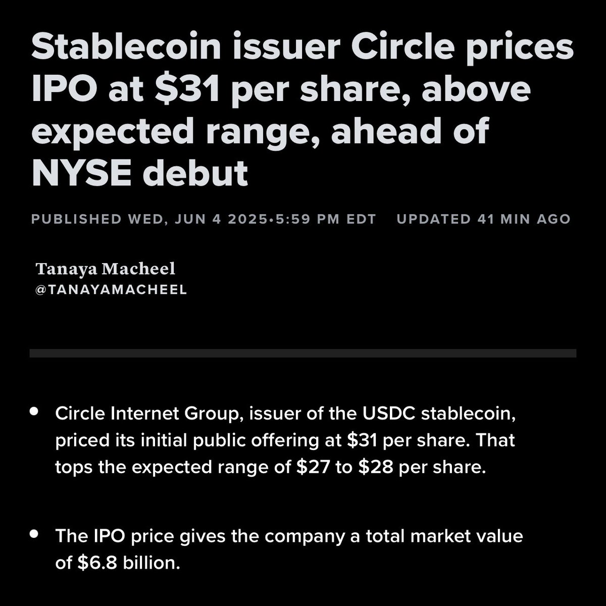 BREAKING: Stablecoin issuer Circle pricing IPO at $31 per share, valuing  the company at $6.8B