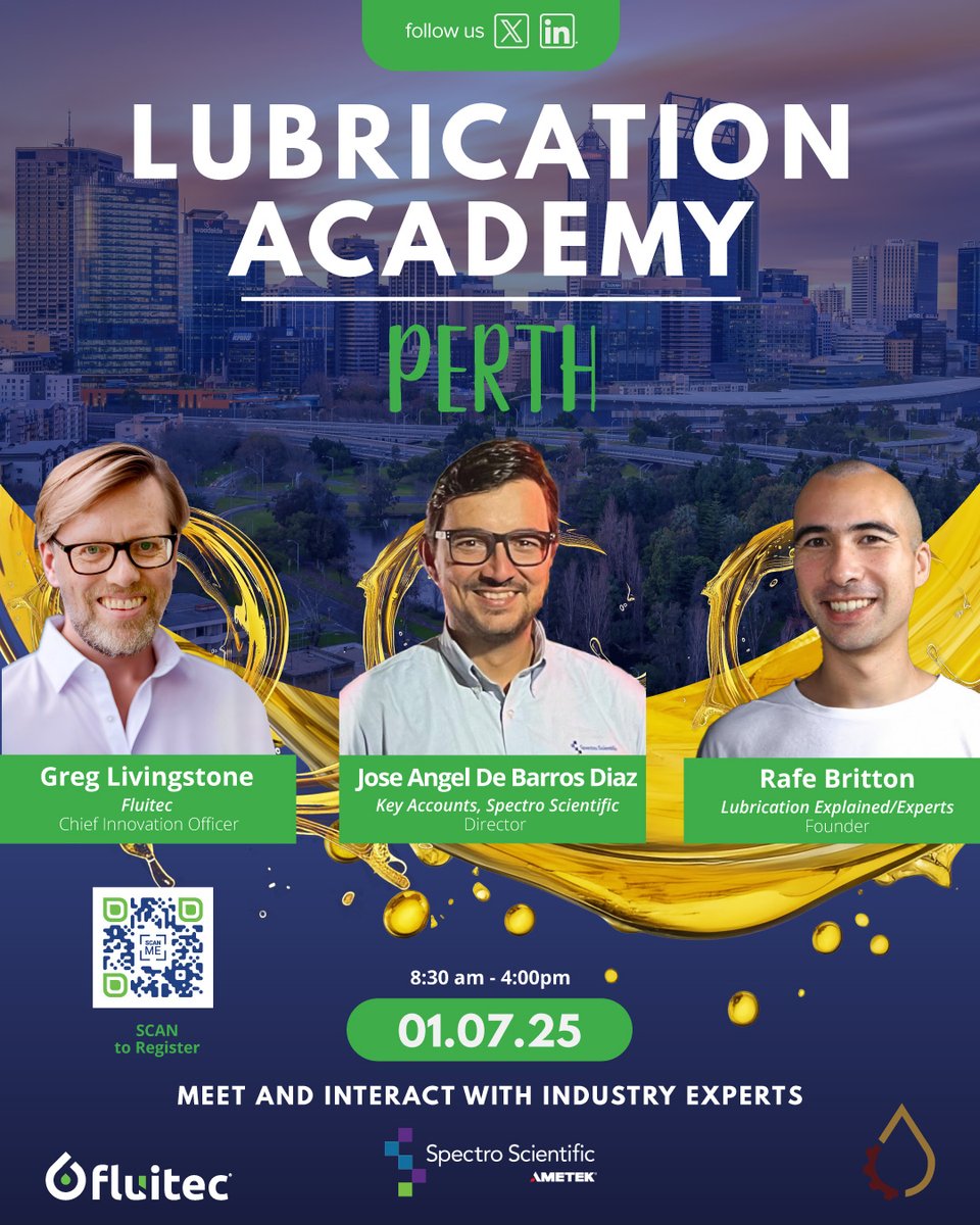 Perth, it's your turn!!!

Get ready to welcome the team on 01 July for a Lubrication Academy!

Greg Livingstone will be joined by Jose Angel De  Barros Diaz (Spectro Scientific) &amp; Rafe Britton (Lubrication Expert).
zurl.co/OJy82
#fluitec #LubricationAcademy #Australia