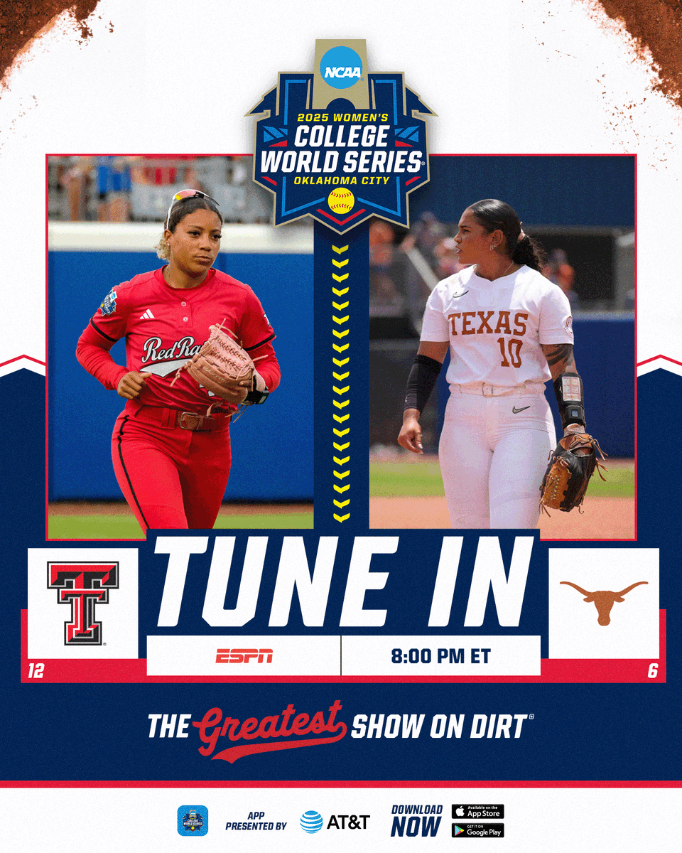 🥎 TUNE IN 🥎

(12) <a href="/TexasTechSB/">Texas Tech Softball</a> 
🆚
(6) <a href="/TexasSoftball/">Texas Softball</a> 

⏰ 8:00 PM ET
📺 ESPN
📻 <a href="/westwood1sports/">Westwood One Sports</a>
📲 on.ncaa.com/WCWSApp

#WCWS