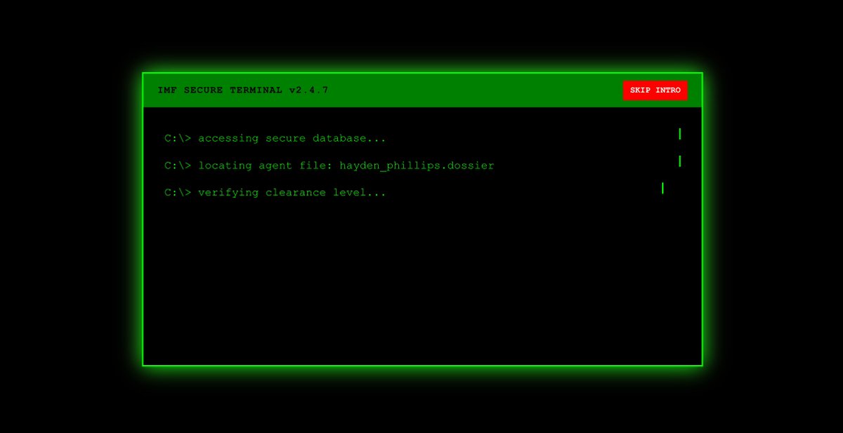 Been redesigning my personal website, inspired by Mission Impossible, it's meant to look like an IMF terminal.