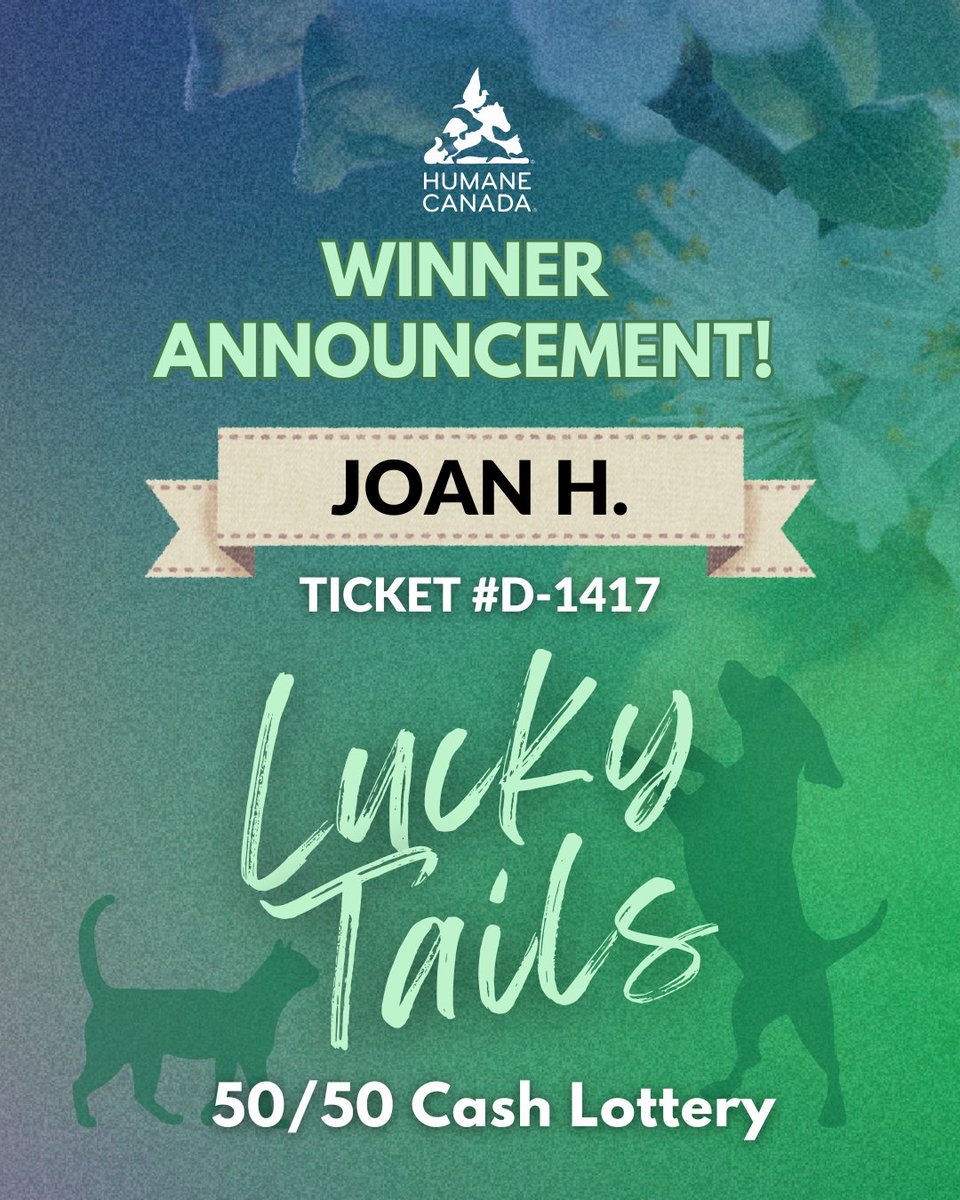 We’re thrilled to announce that the winner of our Lucky Tails 50/50 Spring Cash Lottery is Joan H, ticket #D-1417! 🎉

Thank you so much to everyone who participated and purchased tickets! 

More chances to win are on the way — stay tuned for our next lottery! 💐