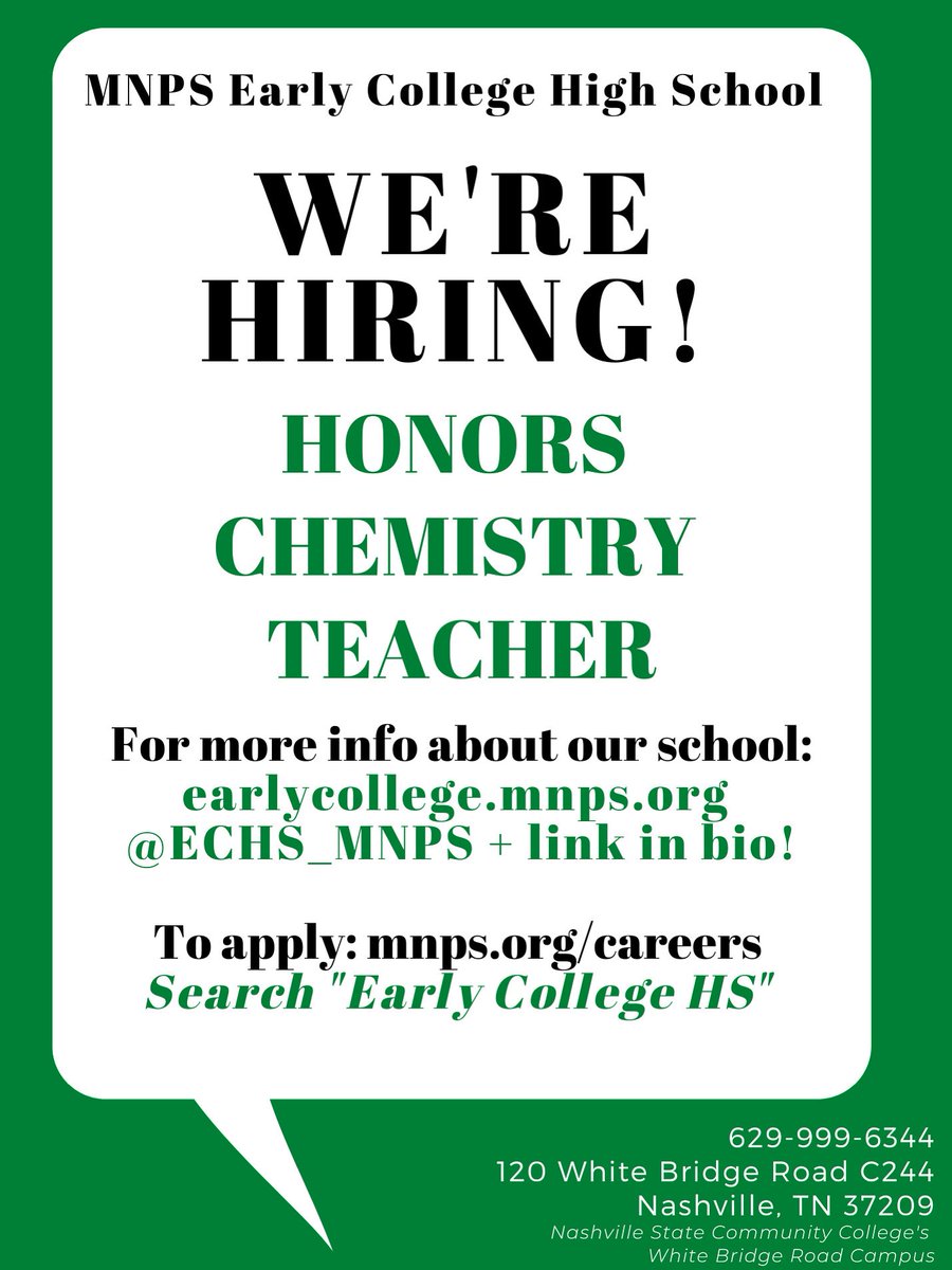 We’re seeking a dynamic and innovative educator to join our @echs_mnps team! 💚🤍 Click the link in bio for further information. #HSDualEnrollment #TeamMNPS #ECHSLevelUp
