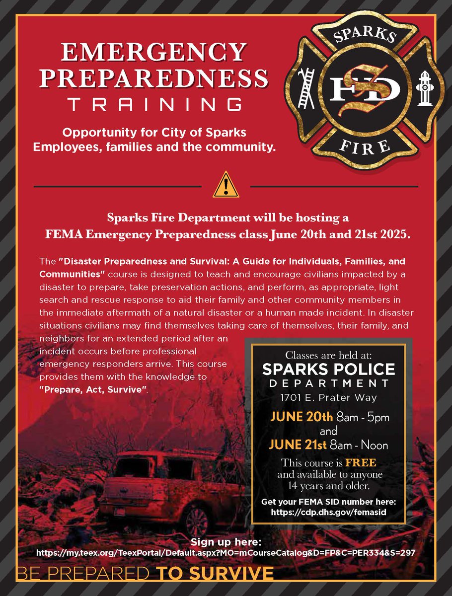 Join the us for a free FEMA Emergency Preparedness Class on June 20 &amp; 21! 
📅June 20-21
📍1701 E. Prater Way
🚨Ages 14 +
To sign up, visit loom.ly/FS25Lks
#SparksProud