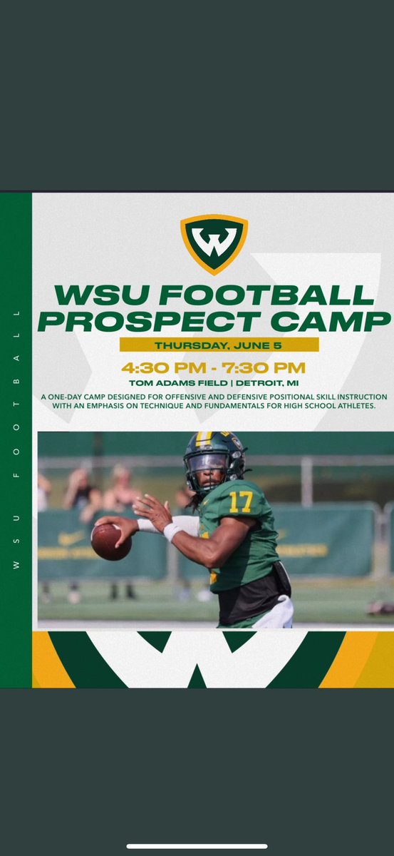 I will be attending the <a href="/WSUWarriorFB/">Wayne State Football</a> prospect camp 6/5/25. Excited to meet coaches and build new relationships. <a href="/RVD_3/">Ryan Van Dyke</a> <a href="/A1DUDES/">A1DUDE</a> <a href="/cwilliams2209/">Chad Williams</a> <a href="/football_lhsrec/">Linden FB College Recruitment</a> <a href="/coach_jc_mcd/">J.C McDonald</a> <a href="/CoachHarajly/">Jadd Harajly</a> <a href="/PlayBookAthlete/">PLAYBOOK ATHLETE</a>