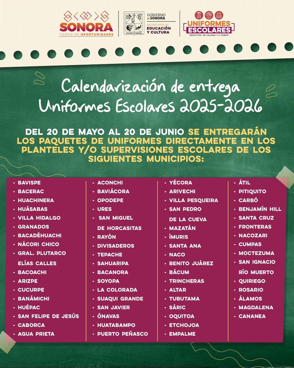 🟠 ¡Es hora de recibir tu uniforme escolar! 👕🏫

🗓️ Hasta el 20 de junio estaremos llevando a cabo la #EntregaDeUniformesEscolares directamente en los planteles de los siguientes municipios. 📍

#SonoraConUniforme