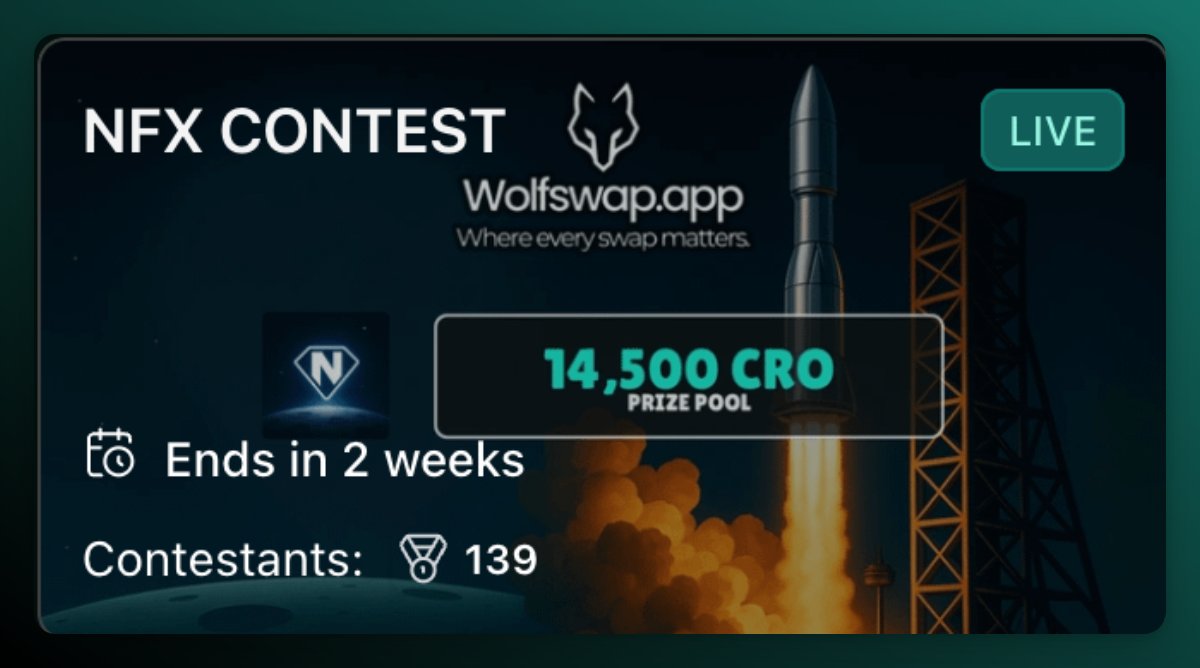Wolfswap | Swap & Earn (@wolfswapdotapp) on Twitter photo on Cronos? you probably already heard of <a href="/novafoxcronos/">Nova Fox | GameFi & Launchpad</a>
but did you know about 14,500 $CRO prize pool $NFX contest on WolfSwap 👀
Simply trade $NFX and you are in 👉 wolfswap.app/swap
best part? #1 trader by volume takes home hefty share of 5,800 $CRO (over $500) 🔥 on Cronos? you probably already heard of <a href="/novafoxcronos/">Nova Fox | GameFi & Launchpad</a>
but did you know about 14,500 $CRO prize pool $NFX contest on WolfSwap 👀
Simply trade $NFX and you are in 👉 wolfswap.app/swap
best part? #1 trader by volume takes home hefty share of 5,800 $CRO (over $500) 🔥