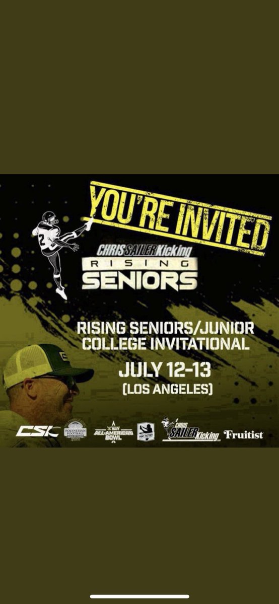Thank you <a href="/Chris_Sailer/">Chris Sailer Kicking</a> for the invitation. Can’t wait to compete!
<a href="/CoachScifers/">John Scifers</a> <a href="/CoachTBurns/">Tanner Burns</a> <a href="/KohlsKicking/">Kohl's Kicking Camps</a> <a href="/ClutchKickingSB/">Clutch Kicking</a> <a href="/CoachJeffBanks/">Jeff Banks</a> <a href="/coachbutsa/">Bonner Bordelon</a> <a href="/var_austin/">VAR</a>  <a href="/CoachMcNeely_/">Ryan McNeely</a> 
<a href="/DeMarcoJosh/">Josh DeMarco</a>