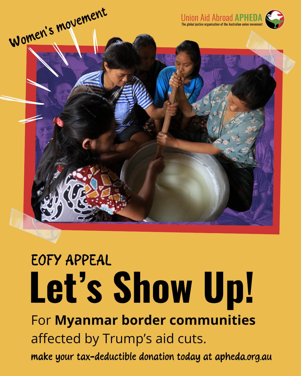 Military rule. A deadly quake. And now Trump's aid cuts are hitting Myanmar’s border communities hard. This EOFY, support APHEDA’s partner organisations working with refugees and civil society on the Thai-Myanmar border.
Make a donation today: …s-show-up-for-myanmar.raiselysite.com