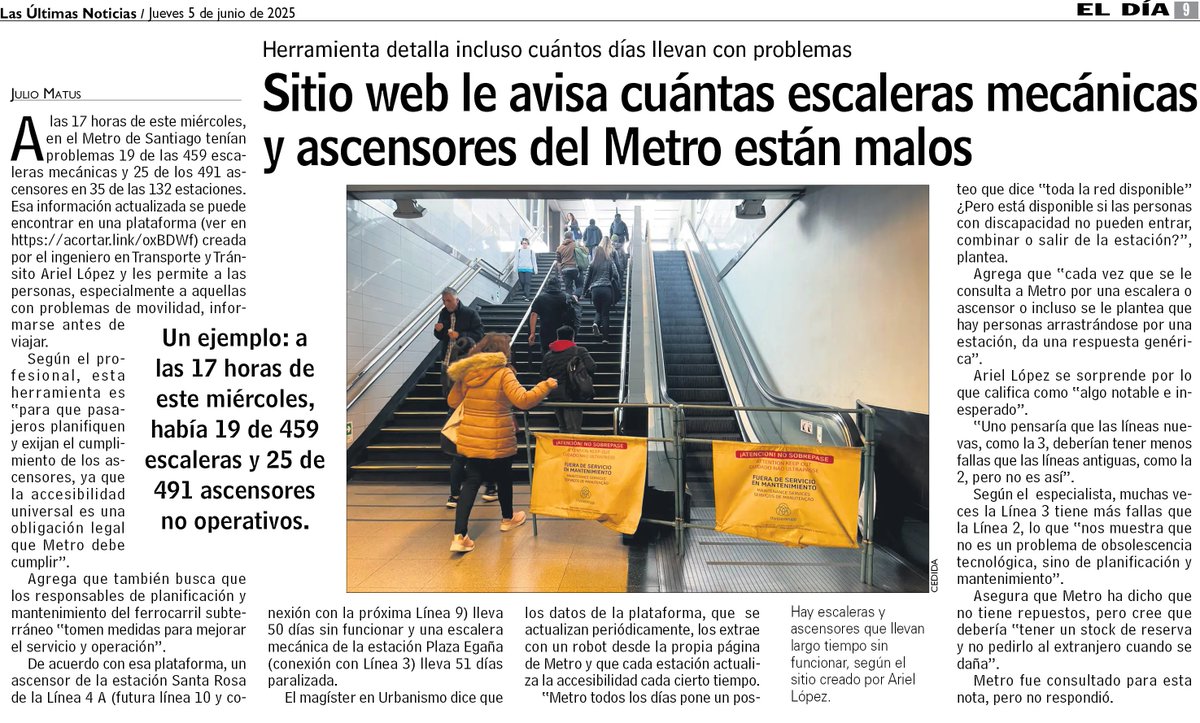 Entrevista en <a href="/lun/">Las Últimas Noticias</a> respecto a la plataforma que diseñamos con <a href="/WillyMaikowski/">Willy Maikowski</a> que monitorea e informa del estado de las escaleras y ascensores del <a href="/metrodesantiago/">Metro de Santiago - #50Años</a> 

La plataforma está disponible en ariellopez.cl/metro/accesibi…
