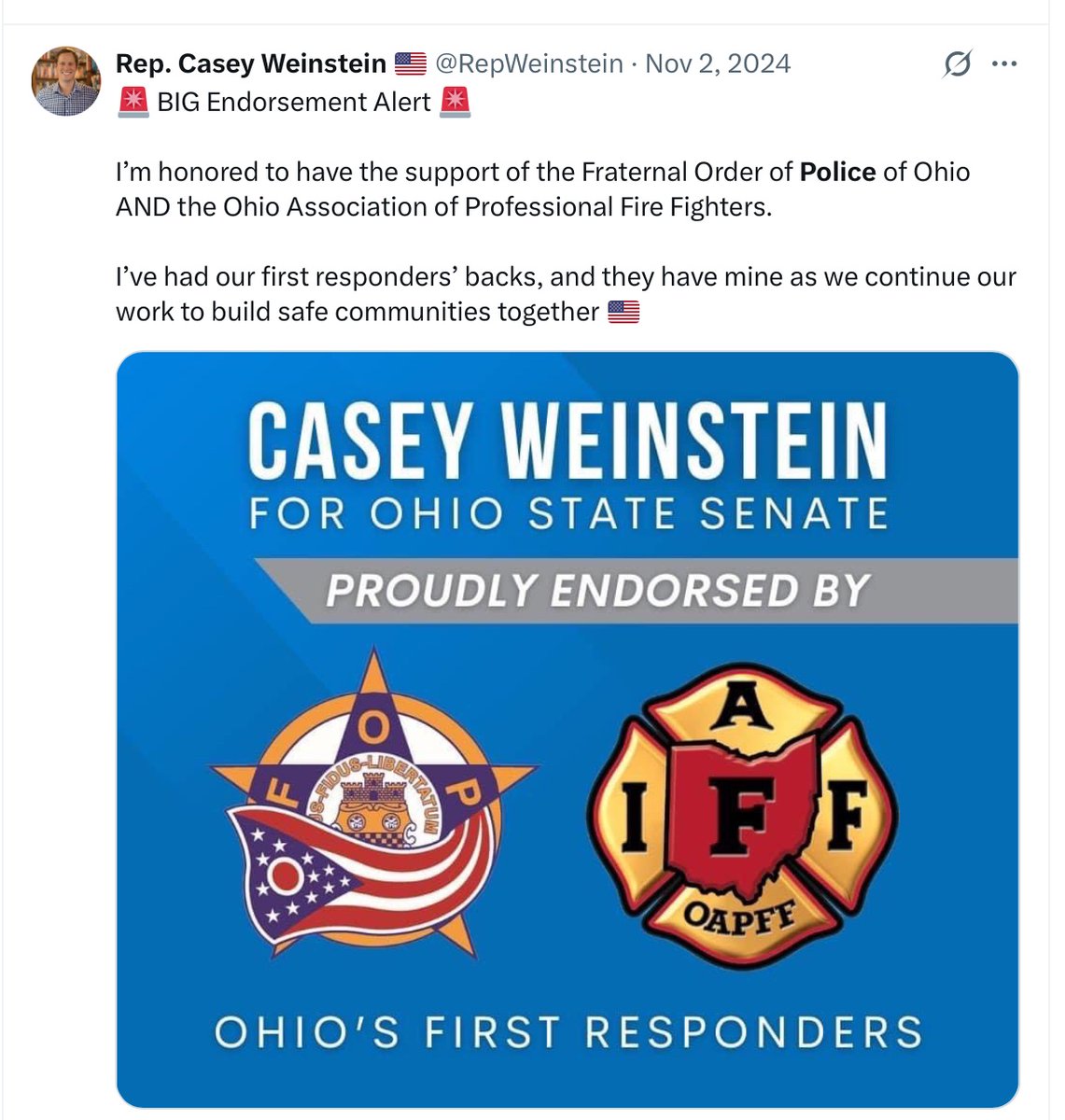 alarm_four's tweet photo. So sad that @RepWeinstein who boasted of an FOP endorsement couldn’t say a word all week about this deputy’s death. After all he drives thru Morrow County every day on his way to the state house. Casey doesn’t care. https://t.co/wghKksMdKI