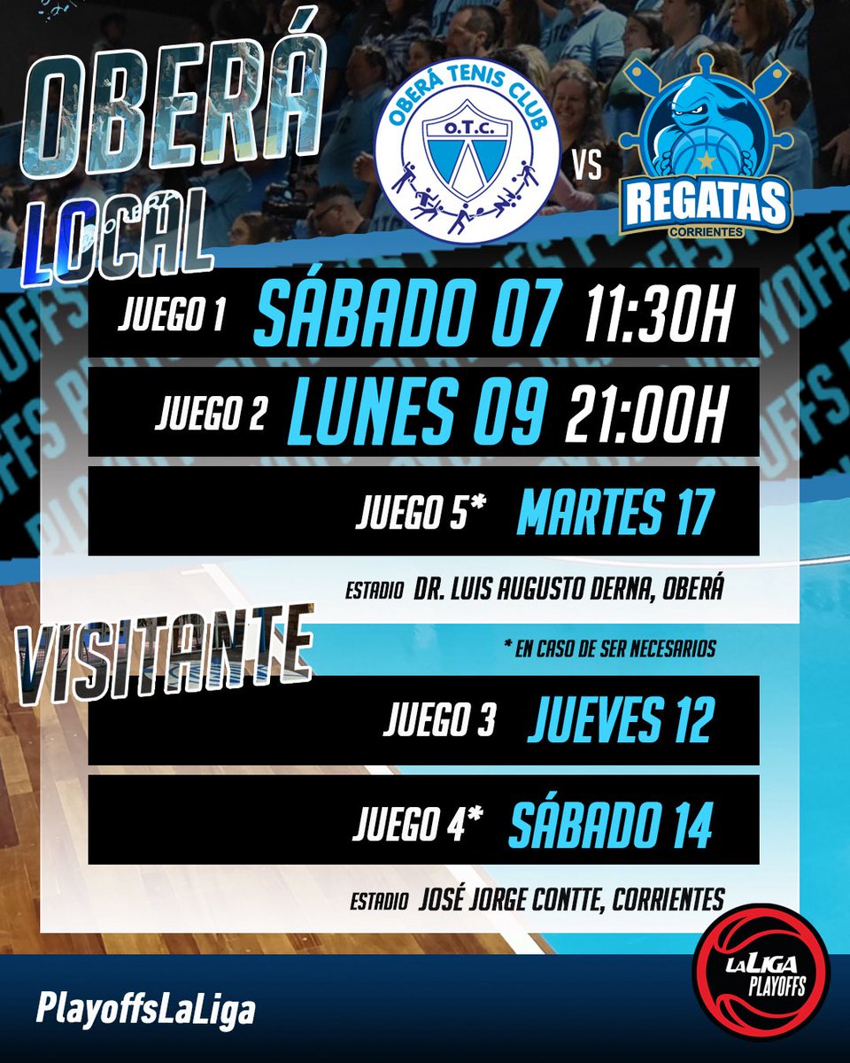 💪 ¡𝙏𝙤𝙙𝙤 𝙘𝙤𝙣𝙛𝙞𝙧𝙢𝙖𝙙𝙤 𝙥𝙖𝙧𝙖 𝙚𝙡 𝙞𝙣𝙞𝙘𝙞𝙤 𝙙𝙚 𝙡𝙤𝙨 𝘾𝙪𝙖𝙧𝙩𝙤𝙨 𝙙𝙚 𝙁𝙞𝙣𝙖𝙡 🆚 𝙍𝙚𝙜𝙖𝙩𝙖𝙨! 

📍Juego 1
🗓️ Sábado 7 de Junio
🕣 11:30 hs
🏟️ Oberá
📺 <a href="/TyCSports/">TyC Sports</a> 

📍Juego 2
🗓️ Lunes 9 de Junio
🕣 21 hs
🏟️ Oberá 
📺 <a href="/basquetpass_arg/">Basquet Pass Argentina</a>