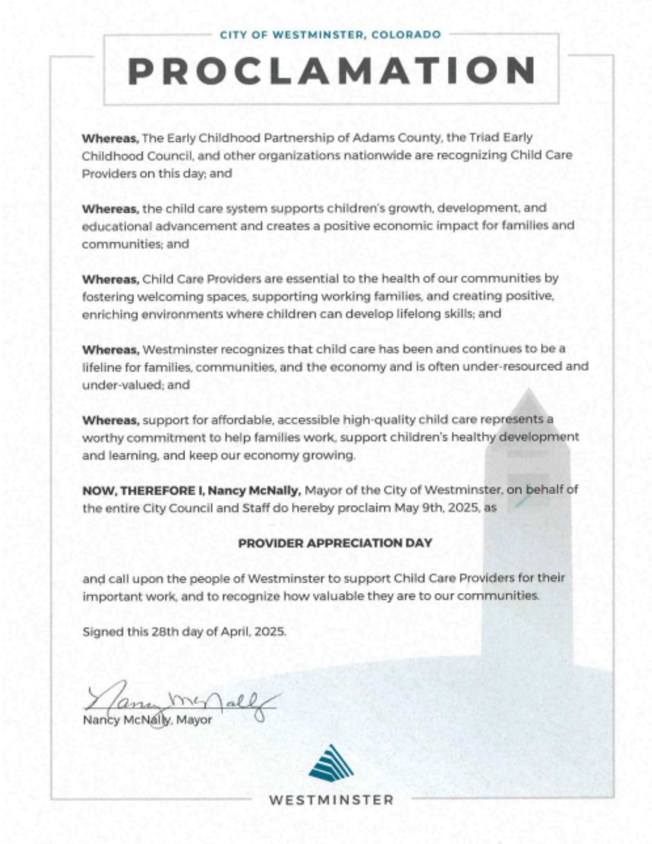 <a href="/EPICimpactorg/">Executives Partnering to Invest in Children (EPIC)</a>  is proud to support the <a href="/westminsterco/">City of Westminster</a> in proclaiming May 9 as Provider Appreciation Day -- honoring the vital work of child care providers who give Colorado children a strong start. 
We're grateful for local leadership continuing to elevate early childhood care.