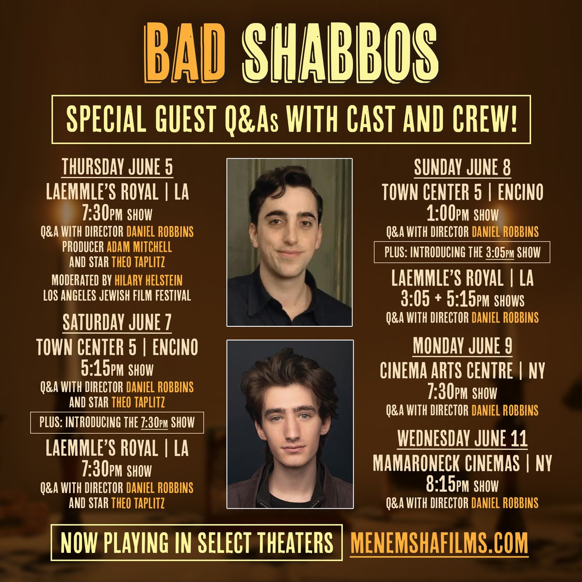 MenemshaFilms's tweet image. THIS JUST IN: Join director Daniel Robbins and the stars of the hit new comedy BAD SHABBOS at special Q&amp;amp;As this weekend in #LosAngeles and #NewYork! 😂 

Tickets are going fast - find a theater and reserve yours now at MenemshaFilms.com.