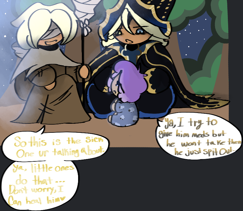 Baby Lavender have a bad fever...  

Truthless took baby Lavender to Healer cookie for more help!  

(Lavender cookie is my oc Im working on making a persona cookie hopefully soon)
#cookierunkingdom #art #cookierun #Crkau #crk #Cookierunkingdomau #TruthlessRecluse #HealerCookie