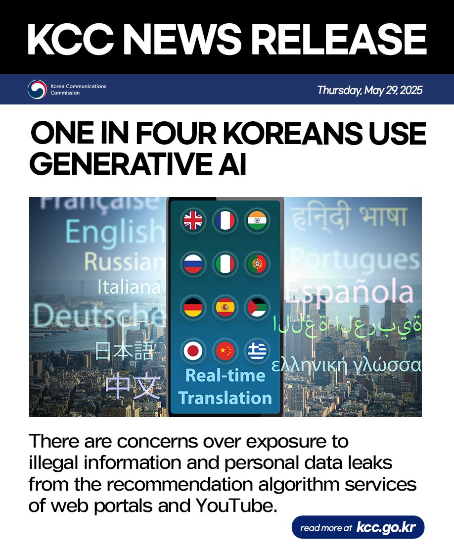 ONE IN FOUR KOREANS USE GENERATIVE AI

There are concerns over exposure to illegal information and personal data leaks from the recommendation algorithm services of web portals and YouTube.

For details : blog.naver.com/kcc1335/223889…