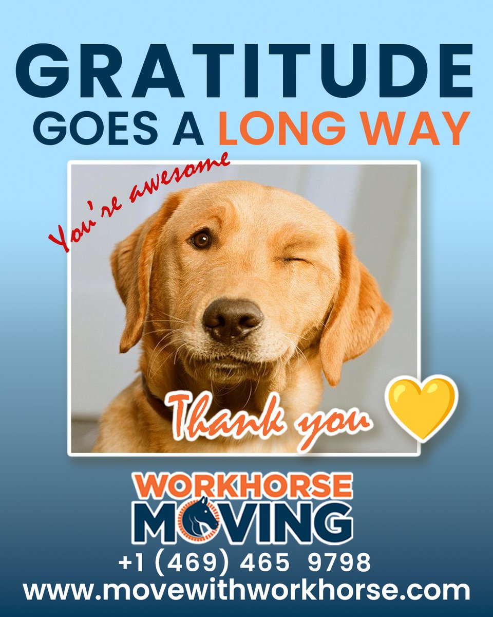 Whmoving's tweet image. Gratitude goes a long way
Moving day squad? Don’t forget the thank-you!
A sandwich, a snack, a simple smile  whatever it is, let them know you appreciate the help.
Small gestures = big impact #MICP #ThankYouMoves #MoveDaySupport #TexasMovingTips #movingmasterpieces #artcontest