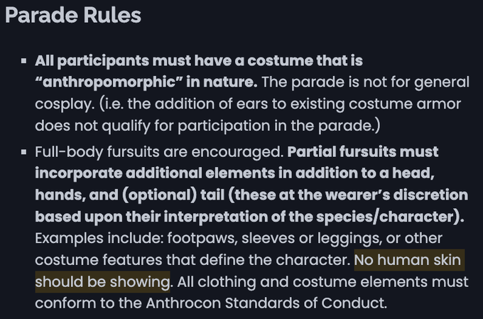 So AnthroCon this year is completely preventing showing skin? 

This is absolutely ridiculous. How can a furry convention actually support the idea of "You have to have a fursuit to be a furry" 

THIS FANDOM IS NOT PAY TO PLAY