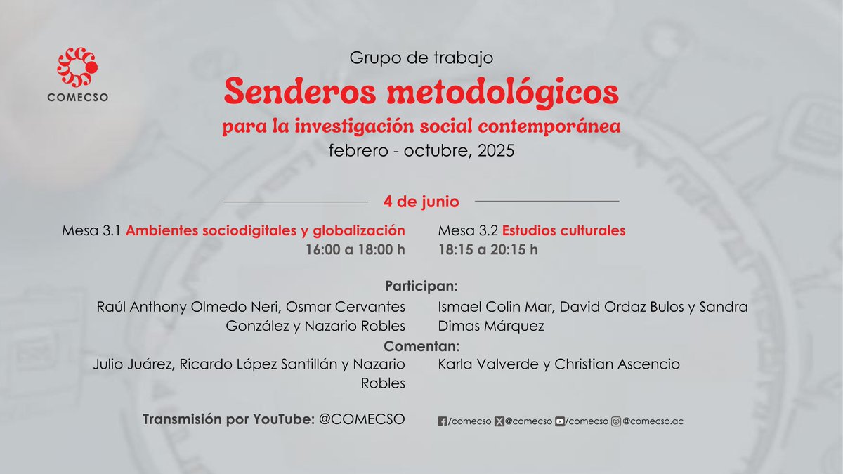 Mesa 3.2 Estudios culturales | Grupo de trabajo Senderos Metodológicos para la investigación social contemporánea
👇
youtu.be/A03NgHPWEBw