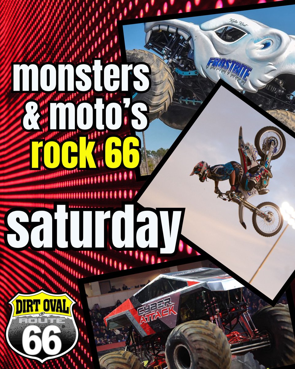 The Largest Monster Truck event in
the Midwest is SATURDAY @ dirtoval66.
Monster Truck Mayhem  will not disappoint!8 GreatTrucks
Freestyle Motocross
Free Pre Race
Party starting at 4pm with @cody_calkins_music
Touch a Truck
Coloring Contest paying each age
group, $100 Cash
and