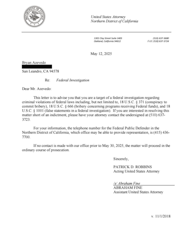 dannoyes's tweet image. Here's the DOJ letter that San Leandro Council Member Bryan Azevedo received, informing him that he's the target of a federal investigation and listing the charges. More could follow. You can also watch my report here: abc7news.com/16649211/